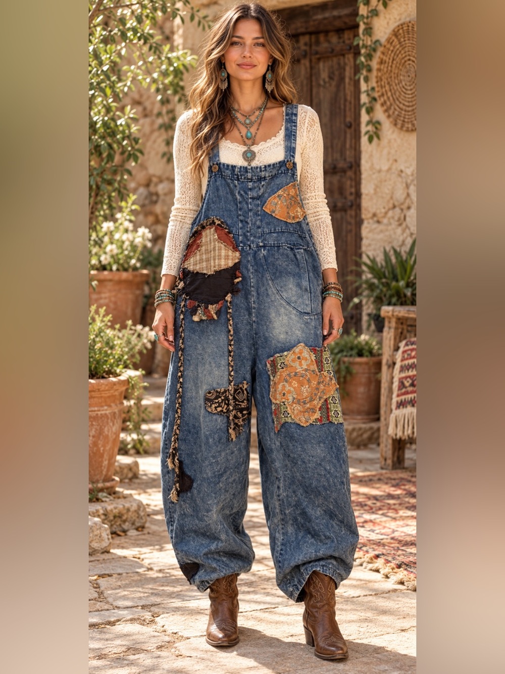 H284 NWT Blue Velvet S M L XL Denim Overalls with Orange & Brown Patchwork Pants
